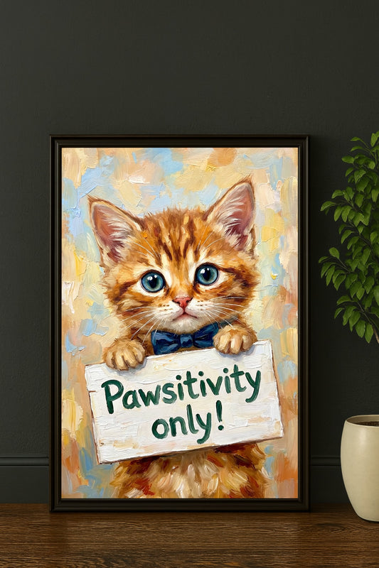 Digitales Katzenposter mit orange getigertem Kitten, blauer Schleife und Spruch „Pawsitivity only“ im schwarzen Rahmen neben Zimmerpflanze