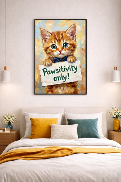 Katzenposter „Pawsitivity only“ als digitales Wandbild über einem hellen Bett mit bunten Kissen im modernen Schlafzimmer