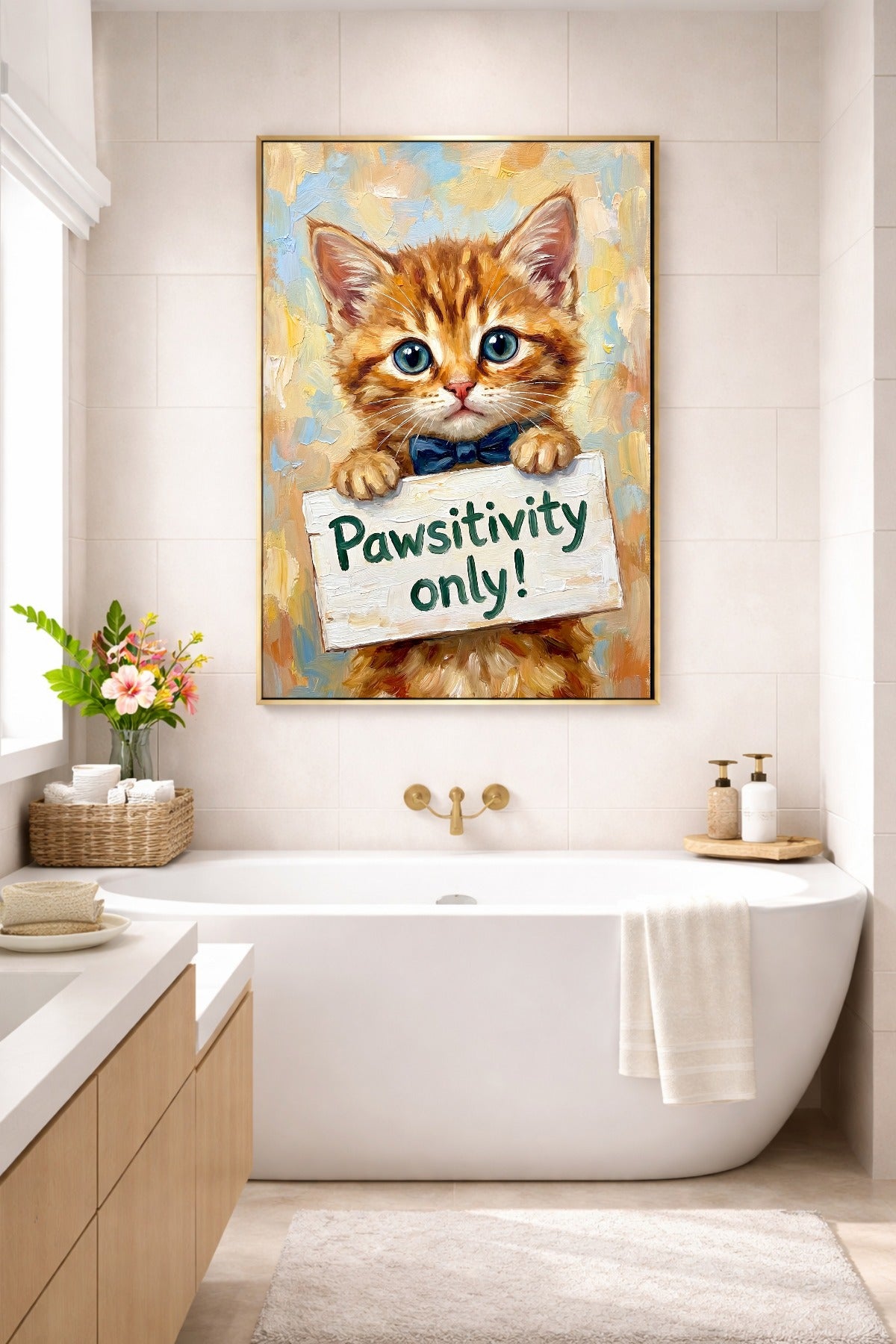 Fröhliches Katzenposter mit getigertem Kitten und positivem Spruch als Wanddeko über einer Badewanne im hellen Badezimmer
