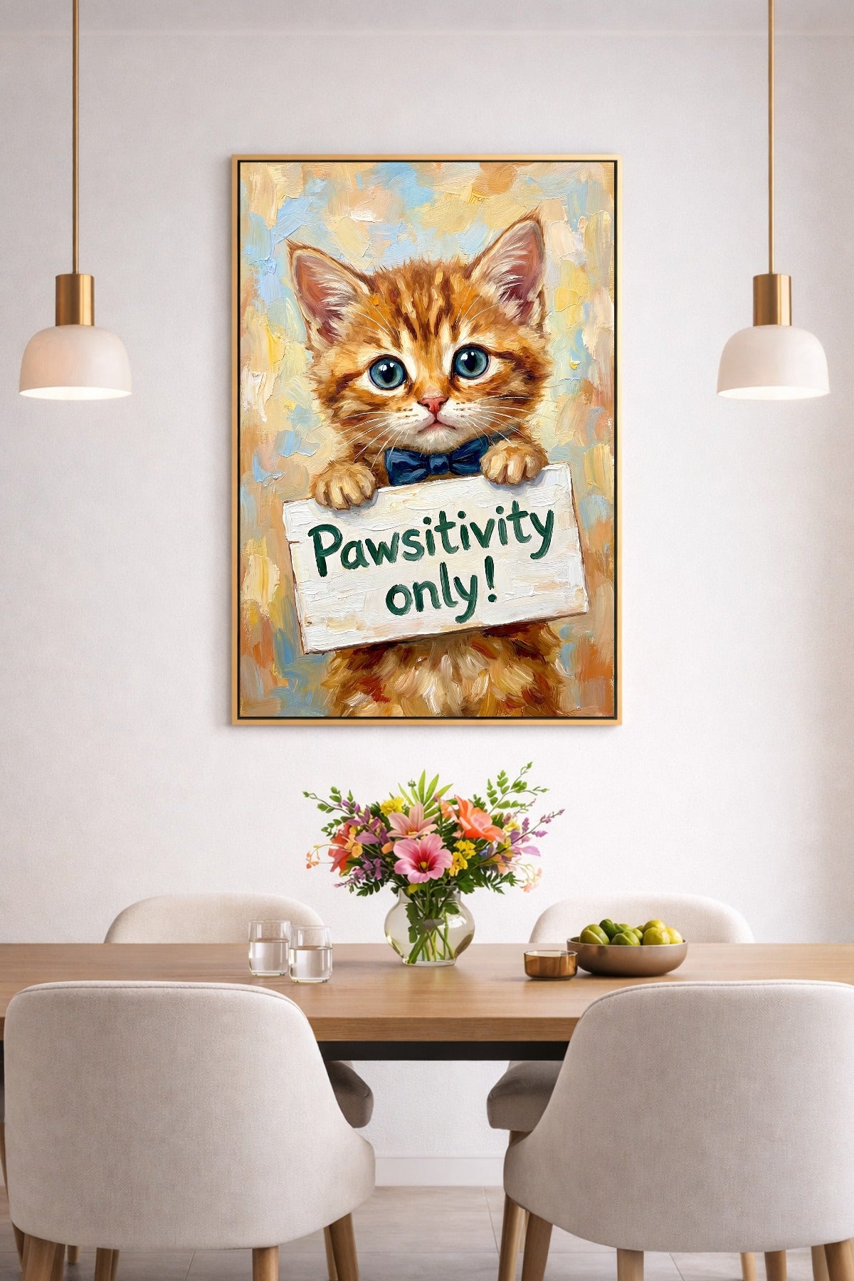 Digitales Katzenposter mit niedlichem Kitten, blauen Augen und „Pawsitivity only“ Schild als Wandbild über einem Esstisch
