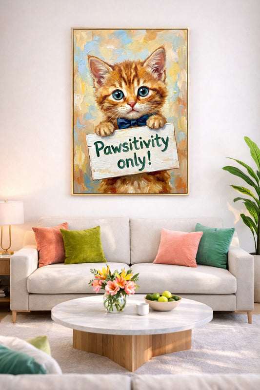 Digitales Katzenposter mit süßem Kitten und Pawsitivity Spruch als farbenfrohe Wanddeko über einem Sofa im Wohnzimmer