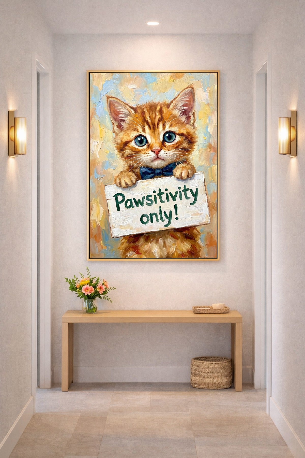 Katzen Wandbild mit orange getigertem Kitten, blauer Schleife und positivem Spruch im hellen Flur über einer Konsole