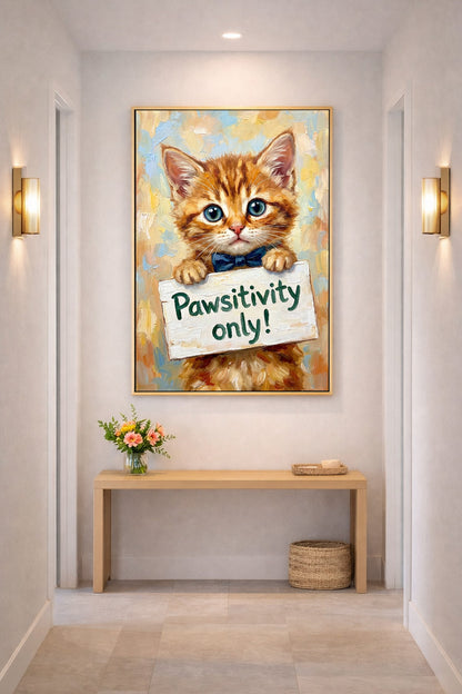 Katzen Wandbild mit orange getigertem Kitten, blauer Schleife und positivem Spruch im hellen Flur über einer Konsole