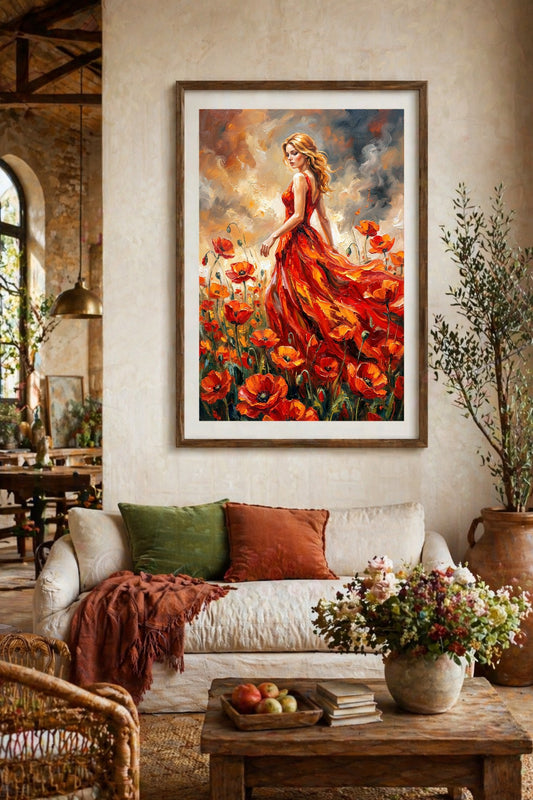 Gerahmtes Mohnblumen Poster über hellem Sofa, mit Frau im roten Kleid und warmer Cottagecore-Wohnzimmerdeko.