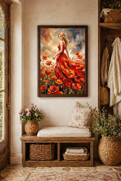 Mohnblumen Poster im Flur mit Holzbank, rotem Kleid, leuchtenden Blüten und warmem Landhaus-Interior.