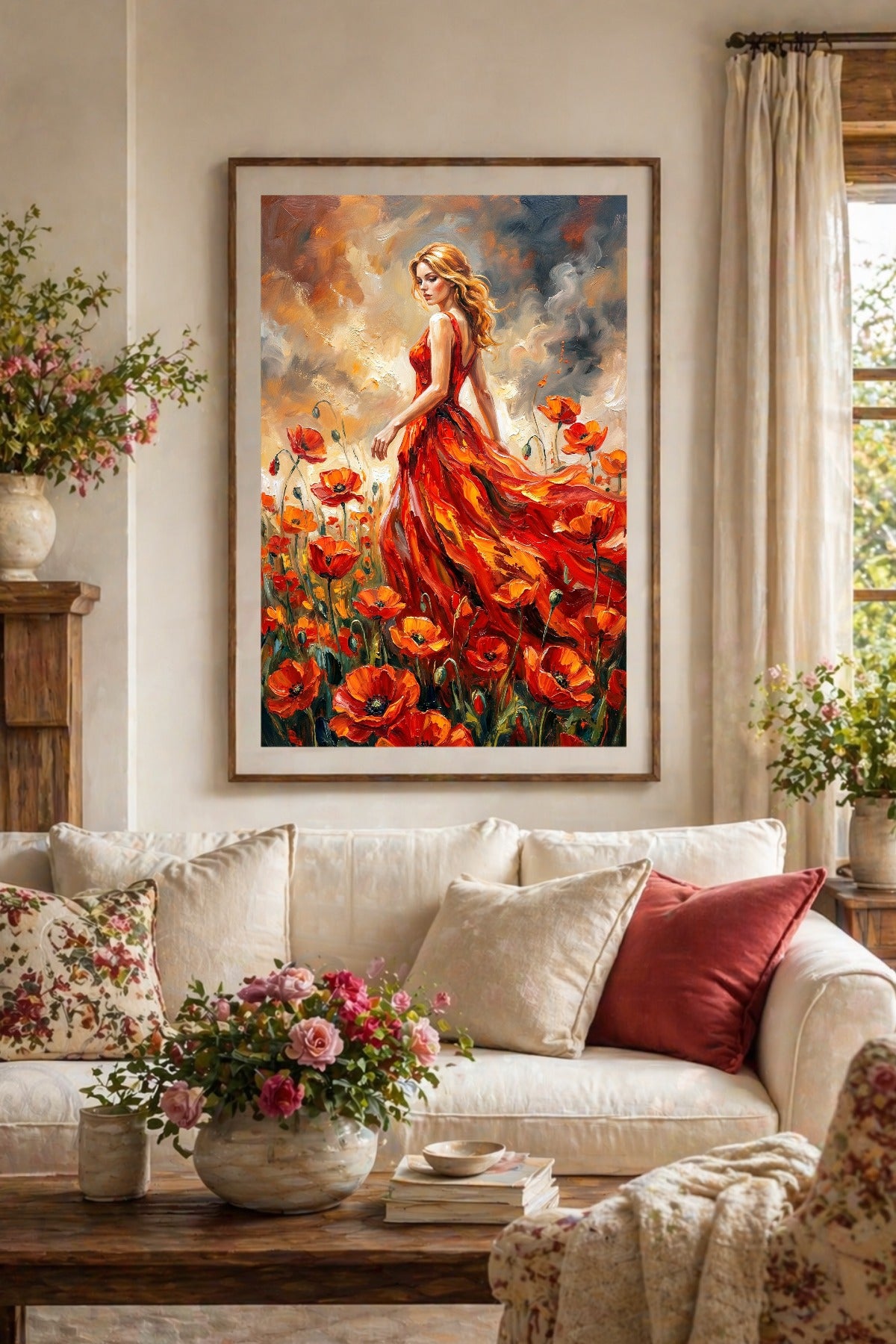 Digitales Poster mit Frau im roten Kleid und Mohnfeld über hellem Sofa in freundlichem Wohnzimmer.