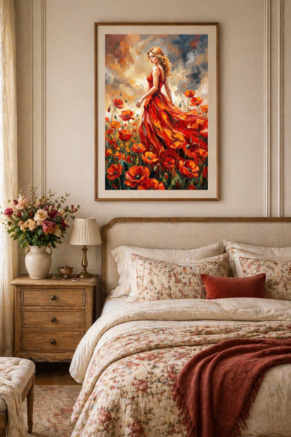 Gerahmtes Mohnfeld Poster im Schlafzimmer, mit rotem Kleid, floraler Bettwäsche und warmen Naturtönen.