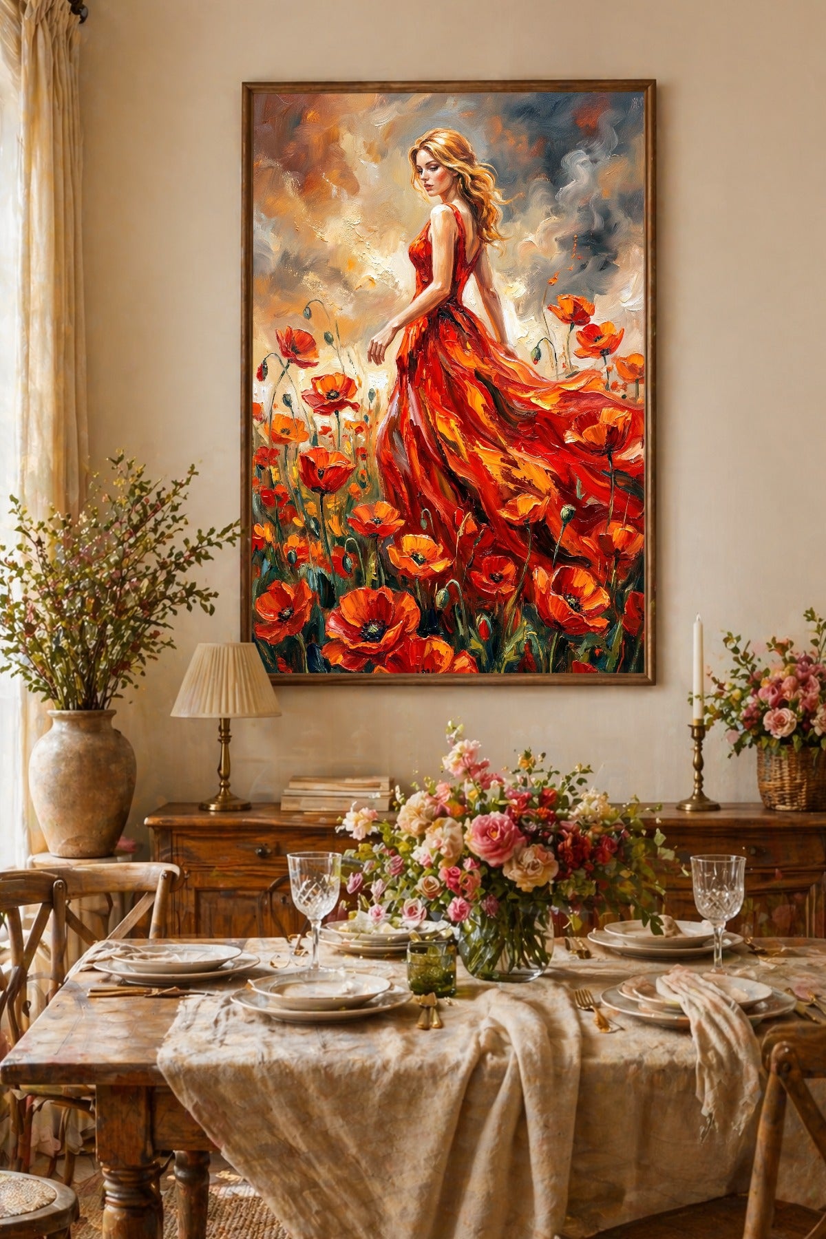 Mohnblumen Wandbild im Esszimmer, mit Frau im roten Kleid, rotem Mohnfeld und romantischer Tischdekoration.