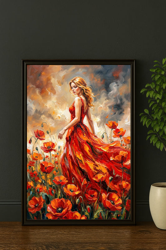 Digitales Mohnblumen Poster mit Frau im roten Kleid, orange-rotem Mohnfeld und malerischer Ölstruktur.