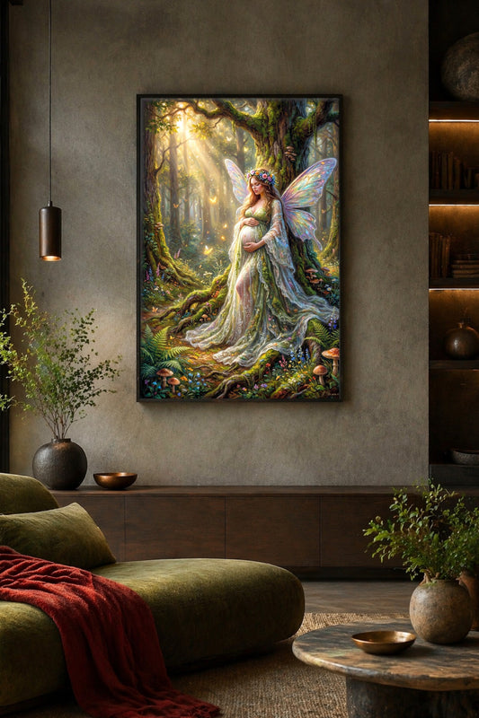 Schwangere Fee im Zauberwald als digitales Fantasy Poster mit Flügeln, Waldlicht und schwarzem Rahmen