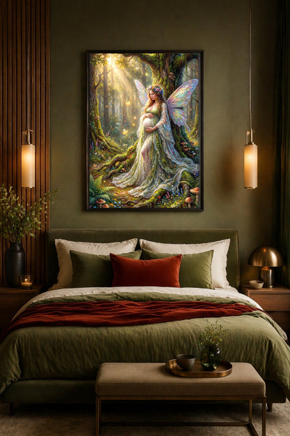 Digitales Fantasy Poster mit schwangerer Fee im Schlafzimmer mit Schreibtisch, Pflanzen und dunkler Wand