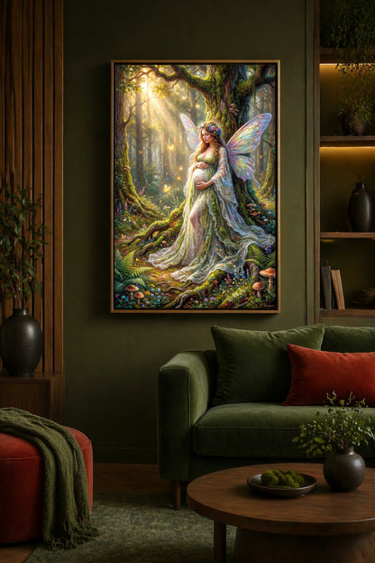 Digitales Feen Poster im Wohnzimmer mit schwangerer Fee, leuchtendem Wald und Naturdeko