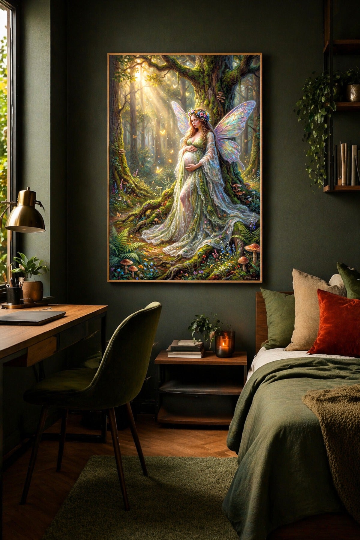 Fantasy Poster mit schwangerer Fee über grünem Bett, schimmernden Flügeln und warmem Waldlicht