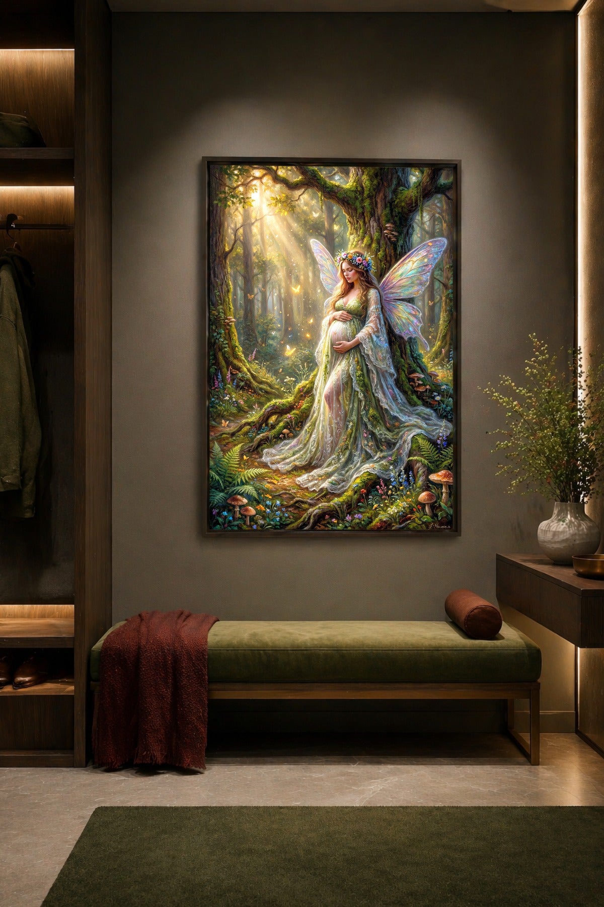 Feen Poster im Flur mit schwangerer Waldfee, grüner Bank, warmem Licht und Naturmotiv