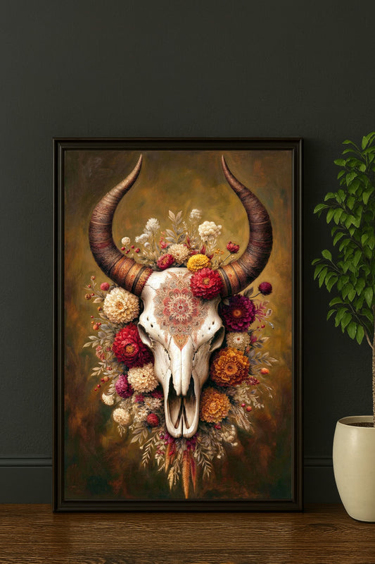 Tierschädel Poster mit Blumen, geschwungenen Hörnern und Mandala-Ornament im schwarzen Rahmen