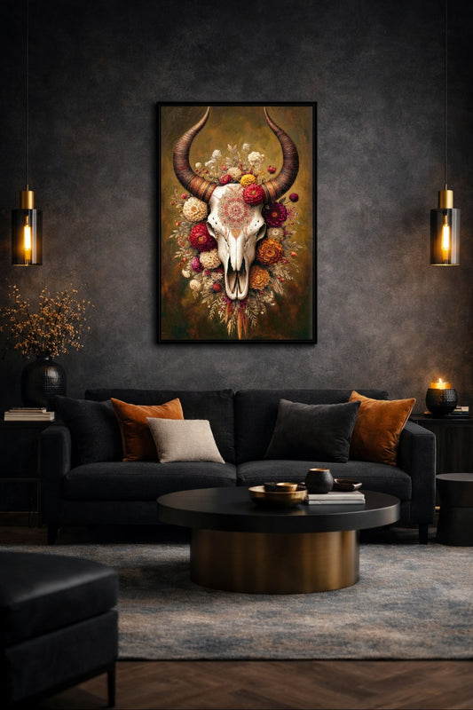 Digitales Tierschädel Poster über dunklem Sofa mit Blumen, Hörnern und warmen Boho-Farben