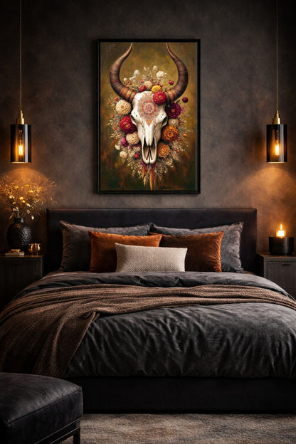 Boho Tierschädel Wandbild mit Blumen über dunklem Bett und warm beleuchtetem Schlafzimmer