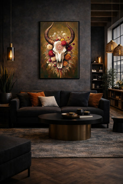 Digitales Boho Wandbild mit Tierschädel, Blumen und Hörnern über dunklem Sofa im Wohnzimmer