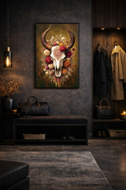 Tierschädel Poster mit Blumen im Flur mit dunkler Wand, Garderobe und warmem Licht