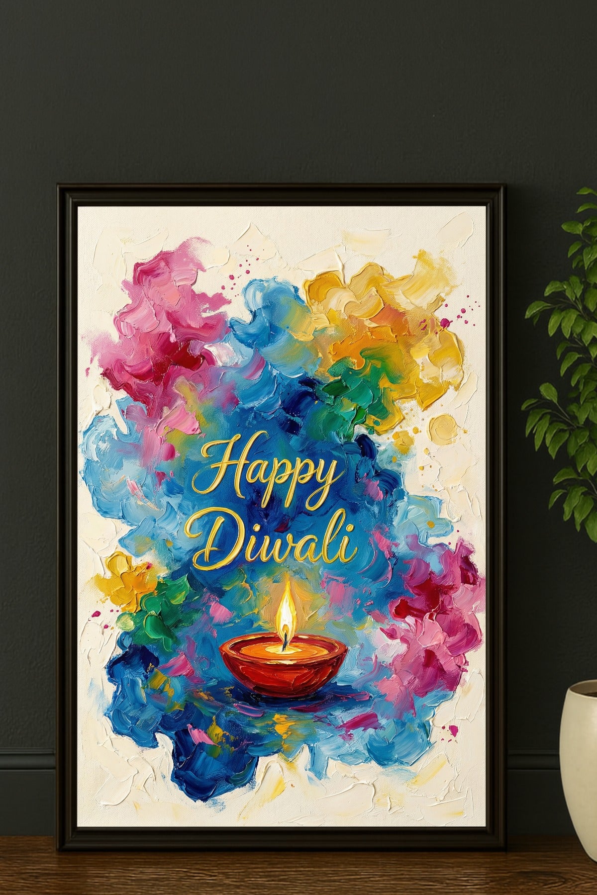 Malerisches Diwali Wandbild mit brennender Öllampe in Blau, Pink und Goldgelb vor hellem Hintergrund.