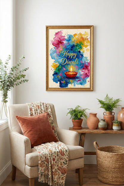 Malerisches Diwali Wandbild mit brennender Öllampe in Blau, Pink und Goldgelb vor hellem Hintergrund.