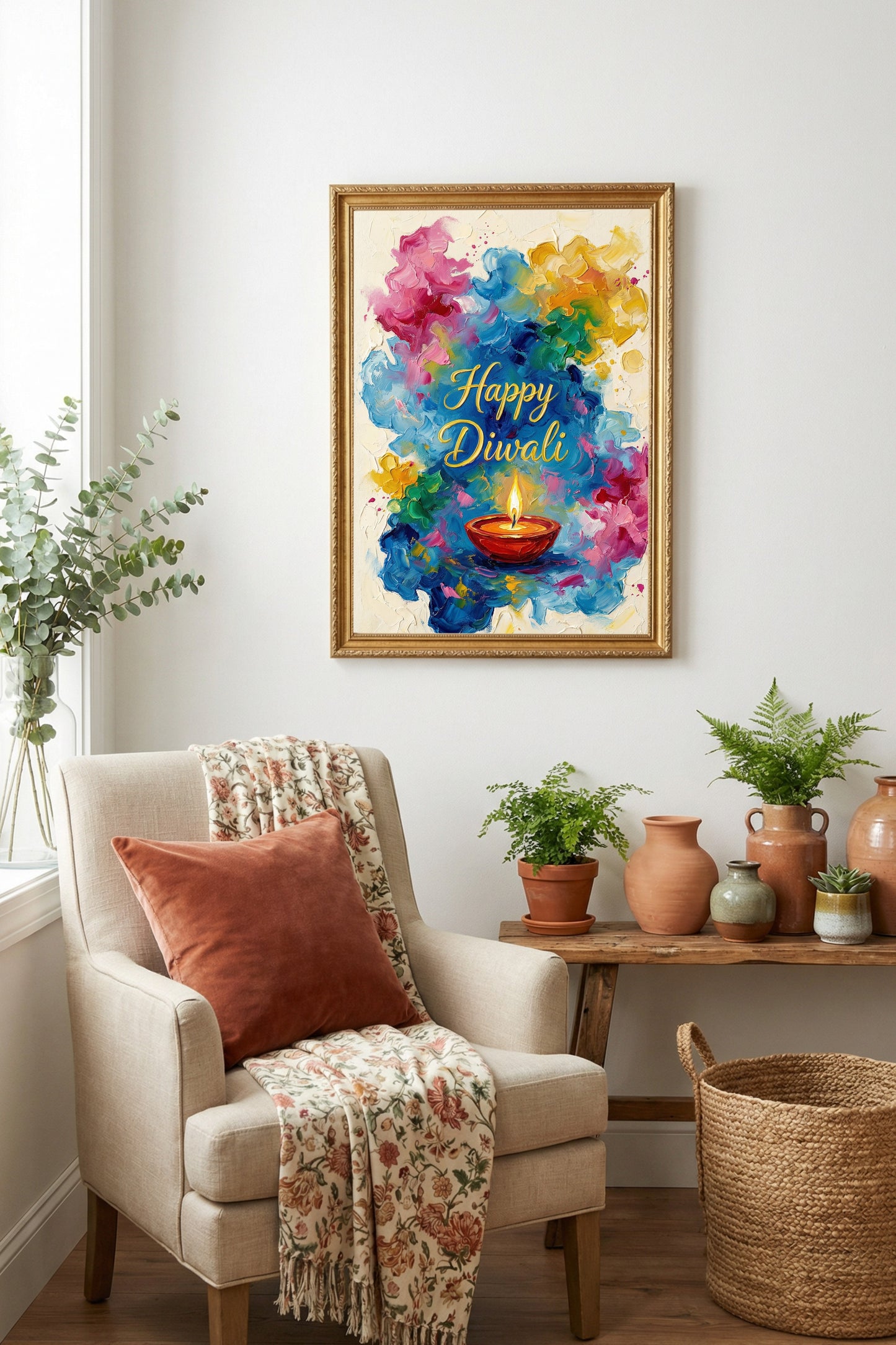 Hochwertiger Kunstdruck eines Diwali-Wandbildes mit leuchtender Diya-Öllampe in Blau, Pink und Gold auf mattem weißem Papier.