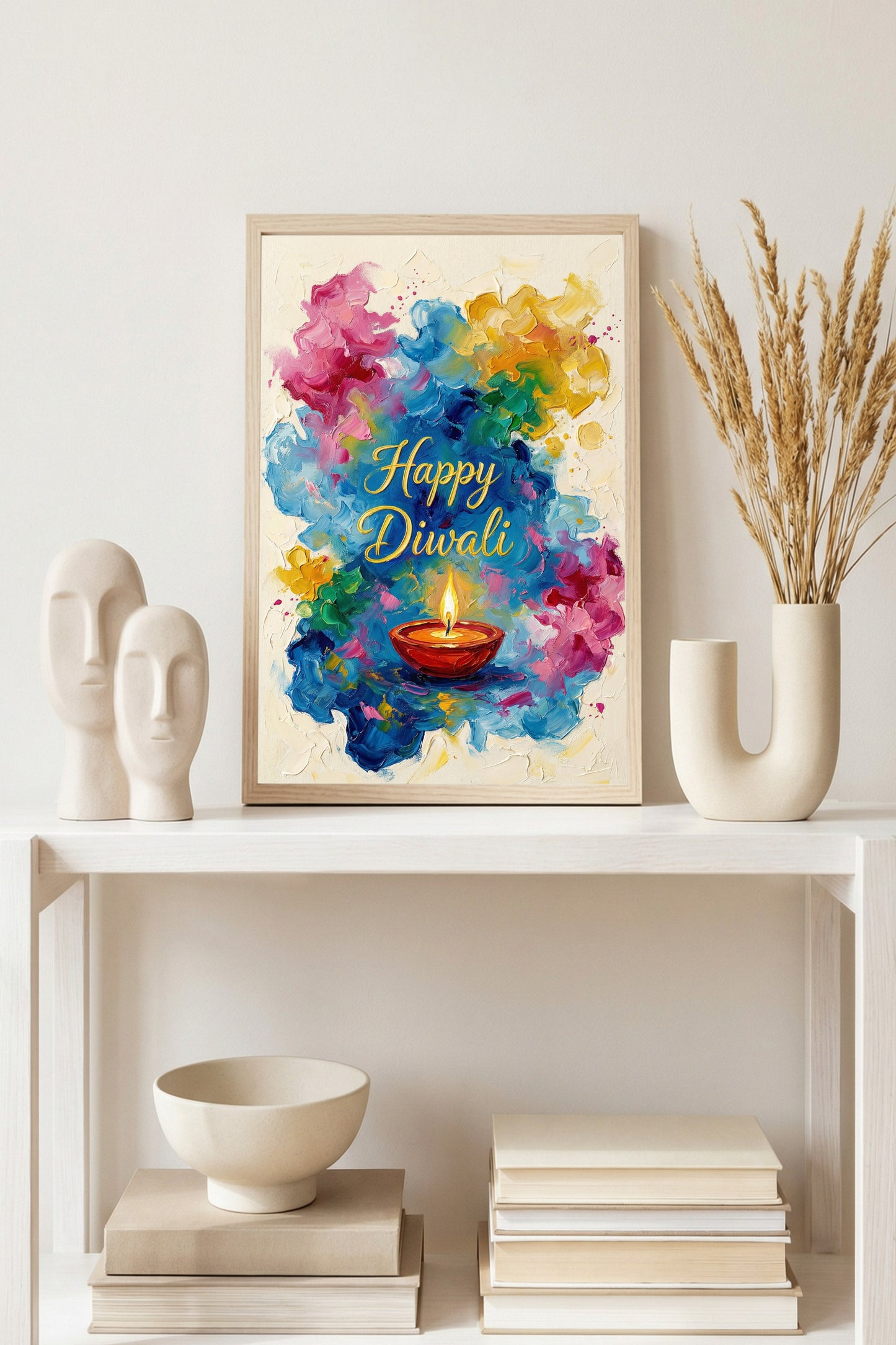 Malerisches Diwali Wandbild mit brennender Öllampe in Blau, Pink und Goldgelb vor hellem Hintergrund.