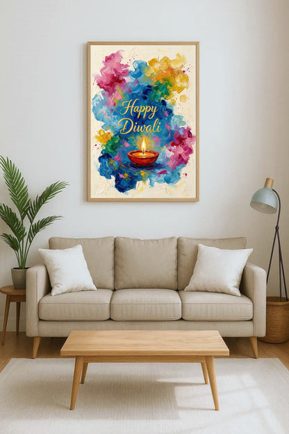 Malerisches Diwali Wandbild mit brennender Öllampe in Blau, Pink und Goldgelb vor hellem Hintergrund.