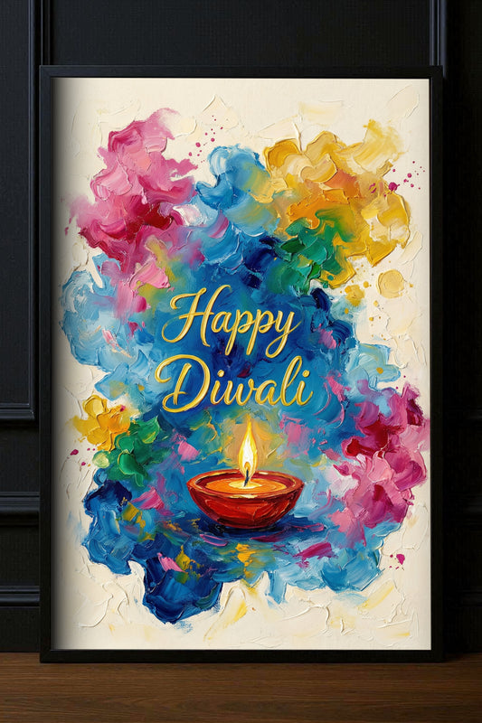 Hochwertiger Kunstdruck eines Diwali-Wandbildes mit leuchtender Diya-Öllampe in Blau, Pink und Gold auf mattem weißem Papier.