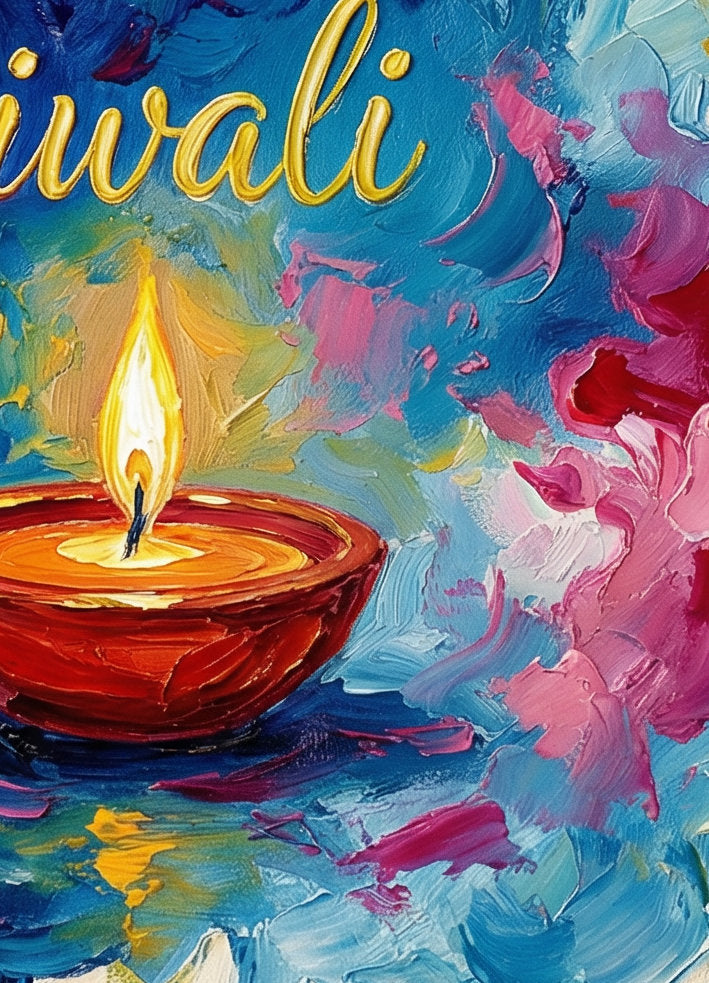 Malerisches Diwali Wandbild mit brennender Öllampe in Blau, Pink und Goldgelb vor hellem Hintergrund.