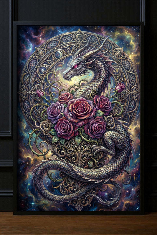 Silberner Drache mit violetten Rosen vor kosmischem Hintergrund und ornamentalen Details als Fantasy-Wandbild für Wohnzimmer oder Schlafzimmer.