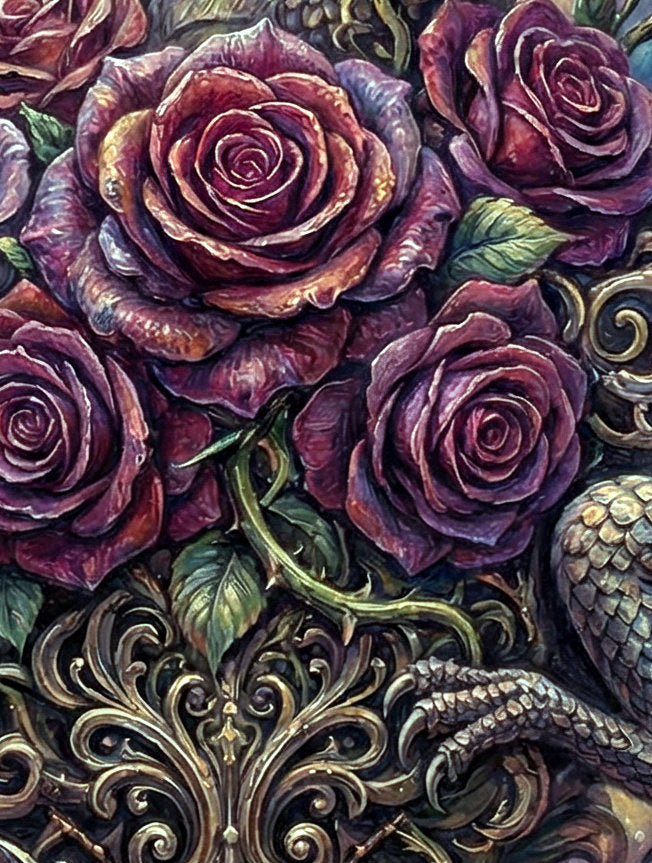 Silberner Fantasy-Drache mit violetten Rosen und metallisch ornamentalen Details vor kosmischem Hintergrund als dekoratives Wandbild. Detailsansicht