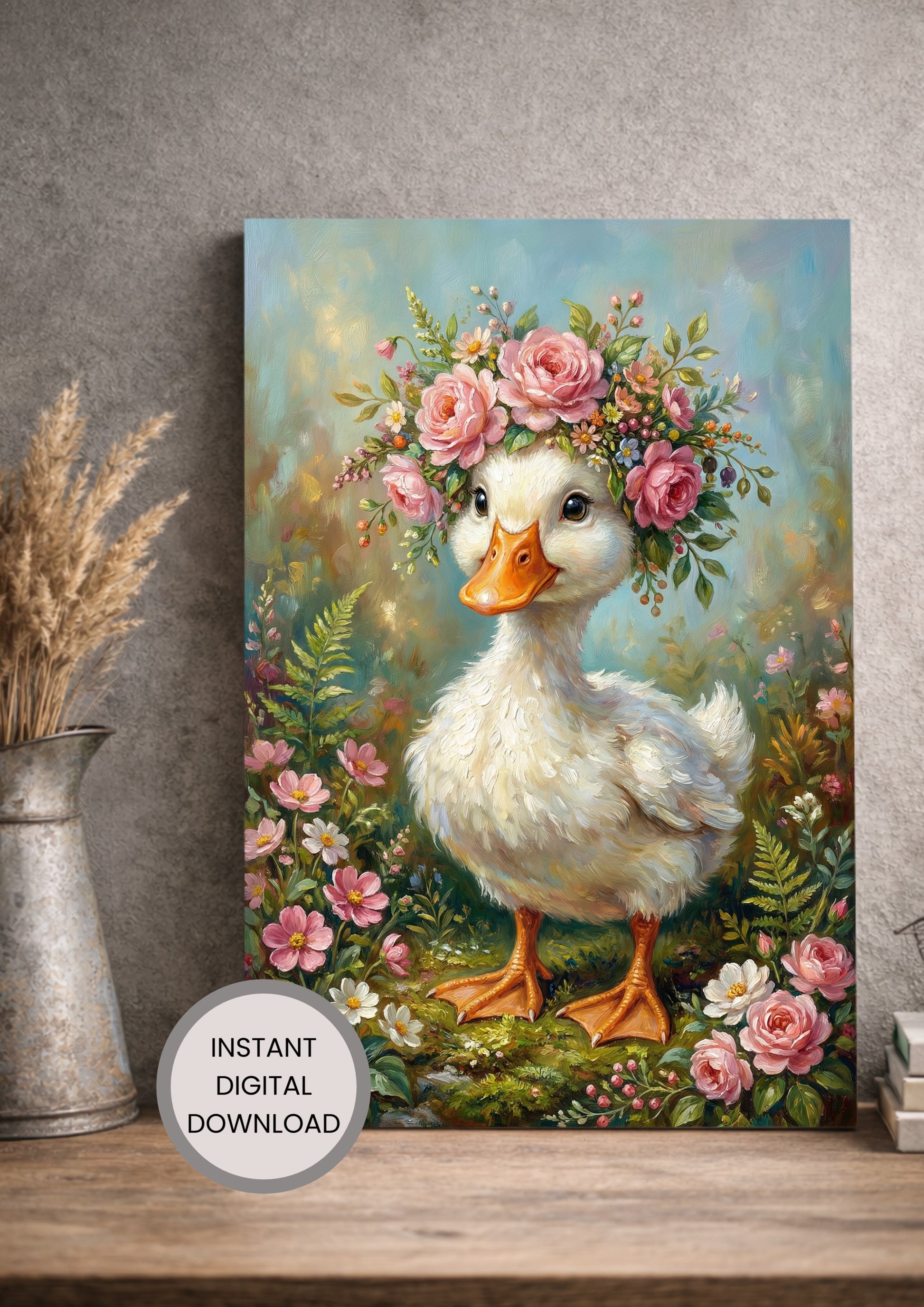 Detaillierte Illustration einer weißen Ente mit prachtvoller Blumenkrone aus Rosen, gestaltet im Stil eines klassischen Ölgemäldes.