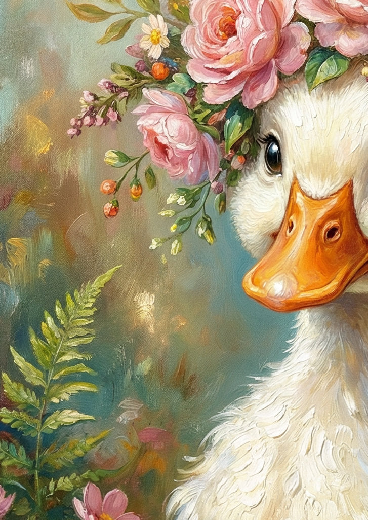 Detaillierte Illustration einer weißen Ente mit prachtvoller Blumenkrone aus Rosen, gestaltet im Stil eines klassischen Ölgemäldes.
