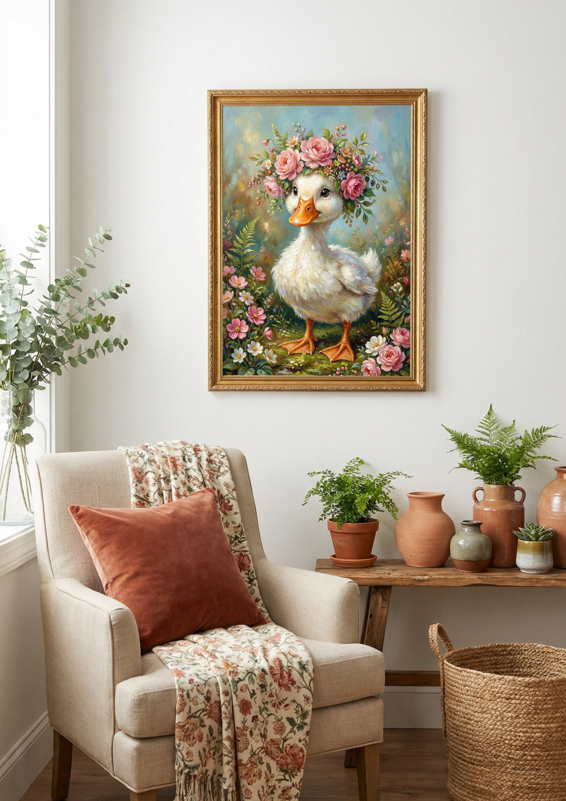 Detaillierte Illustration einer weißen Ente mit prachtvoller Blumenkrone aus Rosen, gestaltet im Stil eines klassischen Ölgemäldes.