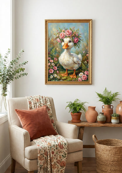 Detaillierte Illustration einer weißen Ente mit prachtvoller Blumenkrone aus Rosen, gestaltet im Stil eines klassischen Ölgemäldes.