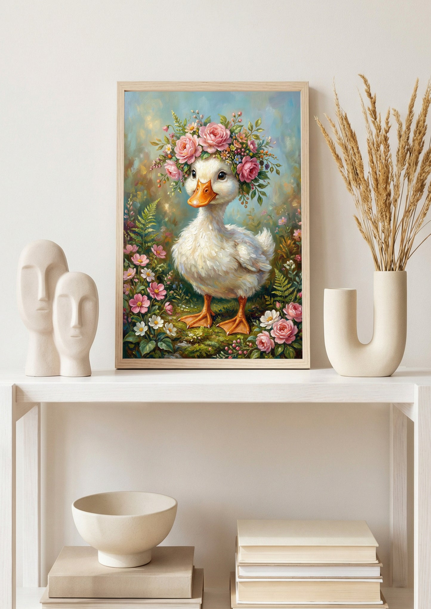 Detaillierte Illustration einer weißen Ente mit prachtvoller Blumenkrone aus Rosen, gestaltet im Stil eines klassischen Ölgemäldes.