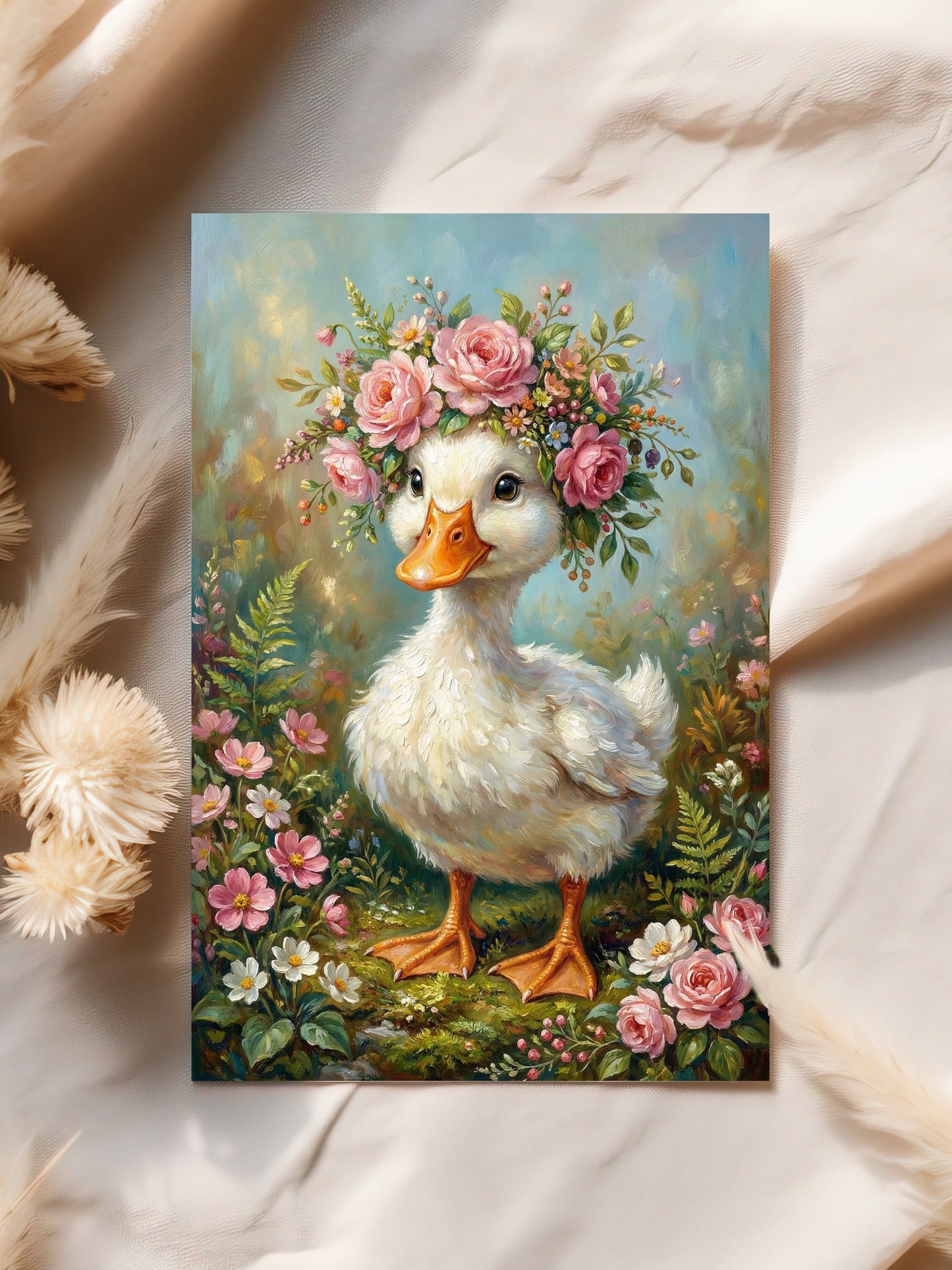 Detaillierte Illustration einer weißen Ente mit prachtvoller Blumenkrone aus Rosen, gestaltet im Stil eines klassischen Ölgemäldes.