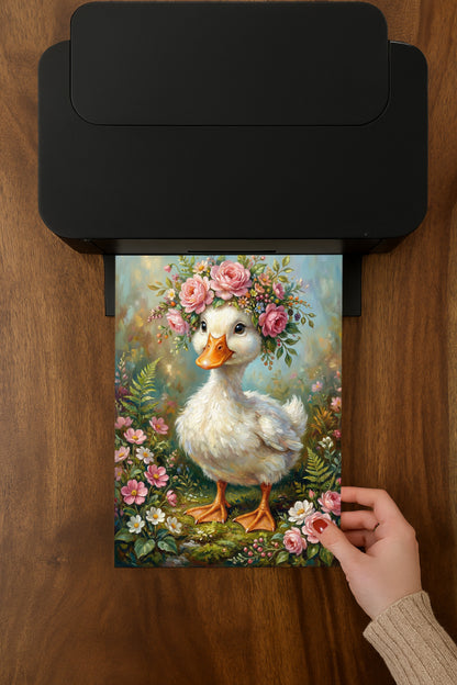 Detaillierte Illustration einer weißen Ente mit prachtvoller Blumenkrone aus Rosen, gestaltet im Stil eines klassischen Ölgemäldes.