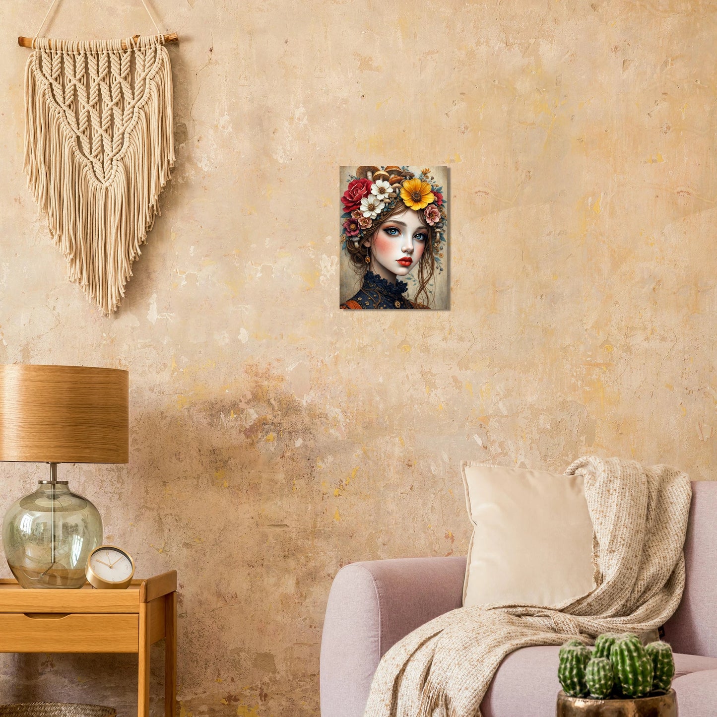 Detailreiches Frauenporträt mit Blumenkranz und Pilzen im Haar, warme Naturfarben, märchenhafte Illustration auf Premium Matt Papier, dekoratives Kunstposter