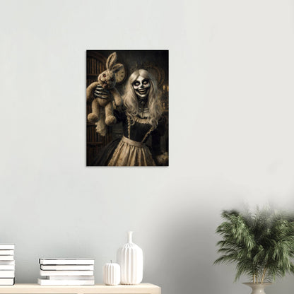 Hochwertiges Horror-Poster: Gekrönte Skelettfrau hält eine groteske Kaninchenpuppe in einer antiken, dunklen Bibliothek. Detailreicher Fine-Art-Druck in Sepia und Schwarz.
