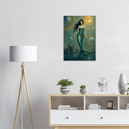 Poster mit Meerjungfrau vor nächtlicher Skyline und Mond in Türkis- und Goldtönen, mystische Fantasy Wanddekoration für moderne Wohnräume
