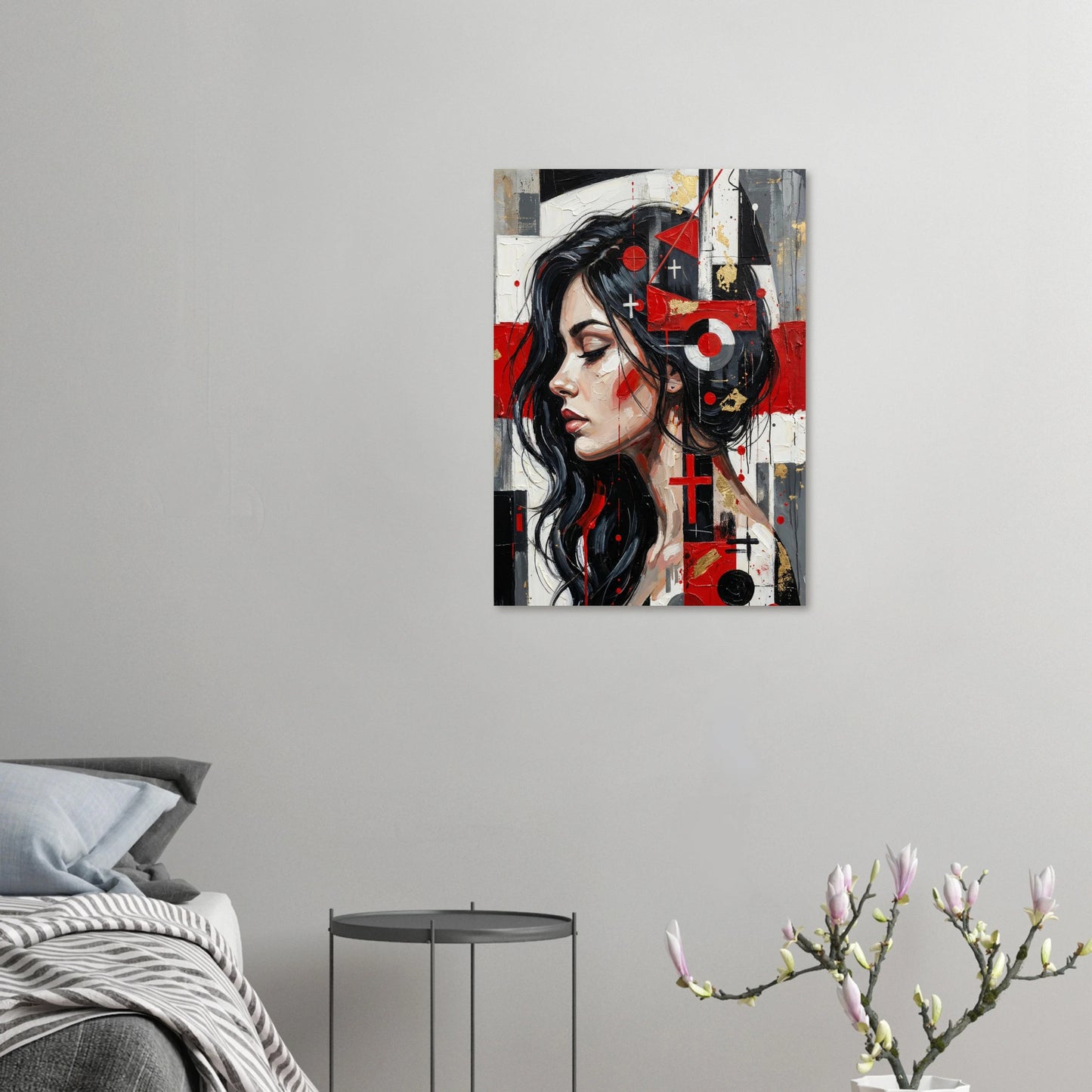 Modernes abstraktes Frauenporträt im Profil mit geometrischen Formen in Rot, Schwarz und Weiß als ausdrucksstarkes Kunstposter.