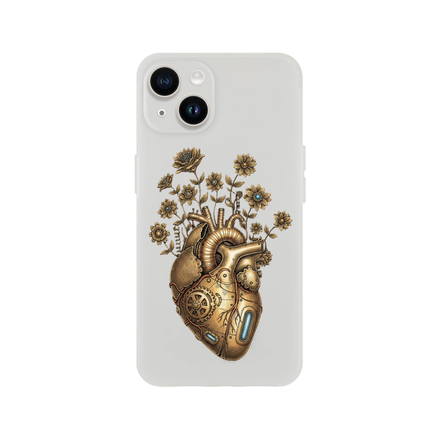 Transparente iPhone Schutzhülle mit Steampunk Herz Motiv, klare Flexi Case Oberfläche, schlank, modern, passgenau für verschiedene Modelle.