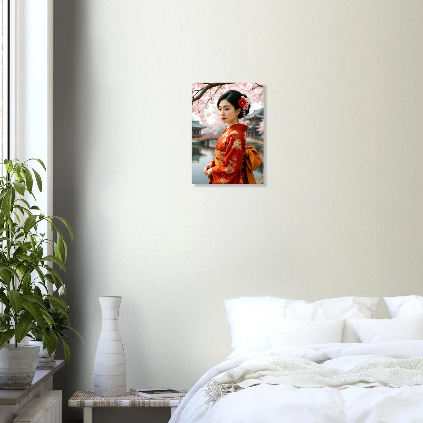 Japanisches Geisha-Poster im roten Kimono unter Kirschblüten, eleganter Kunstdruck mit ruhiger, harmonischer Bildwirkung.