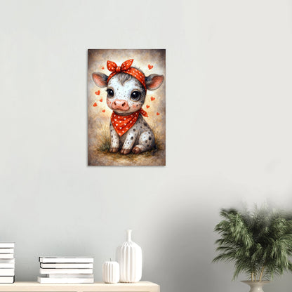 Aquarell Babykuh mit rotem Halstuch und Herzchen als niedliches Bauernhof Poster für Kinderzimmer oder Landhaus Dekoration