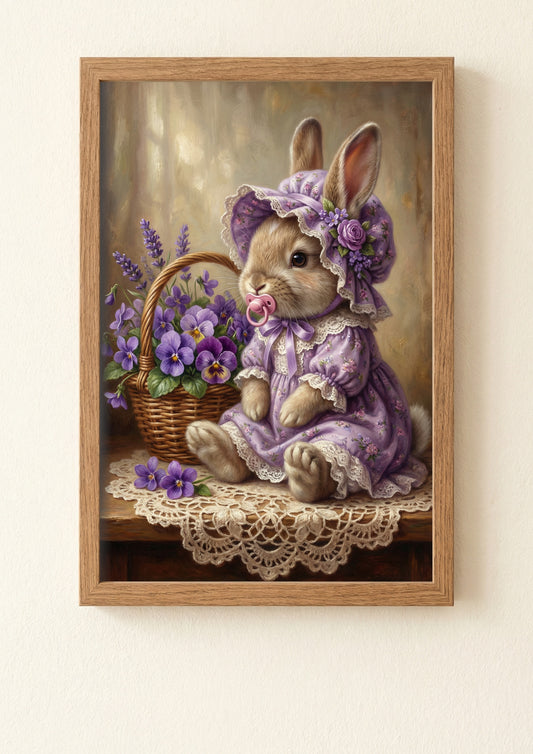 Fine Art Print: Osterhäschen im lila Spitzenkleid mit Häubchen und Schnuller, neben Veilchenkorb im warmen Vintage-Look, matte Oberfläche, FSC-Papier.
