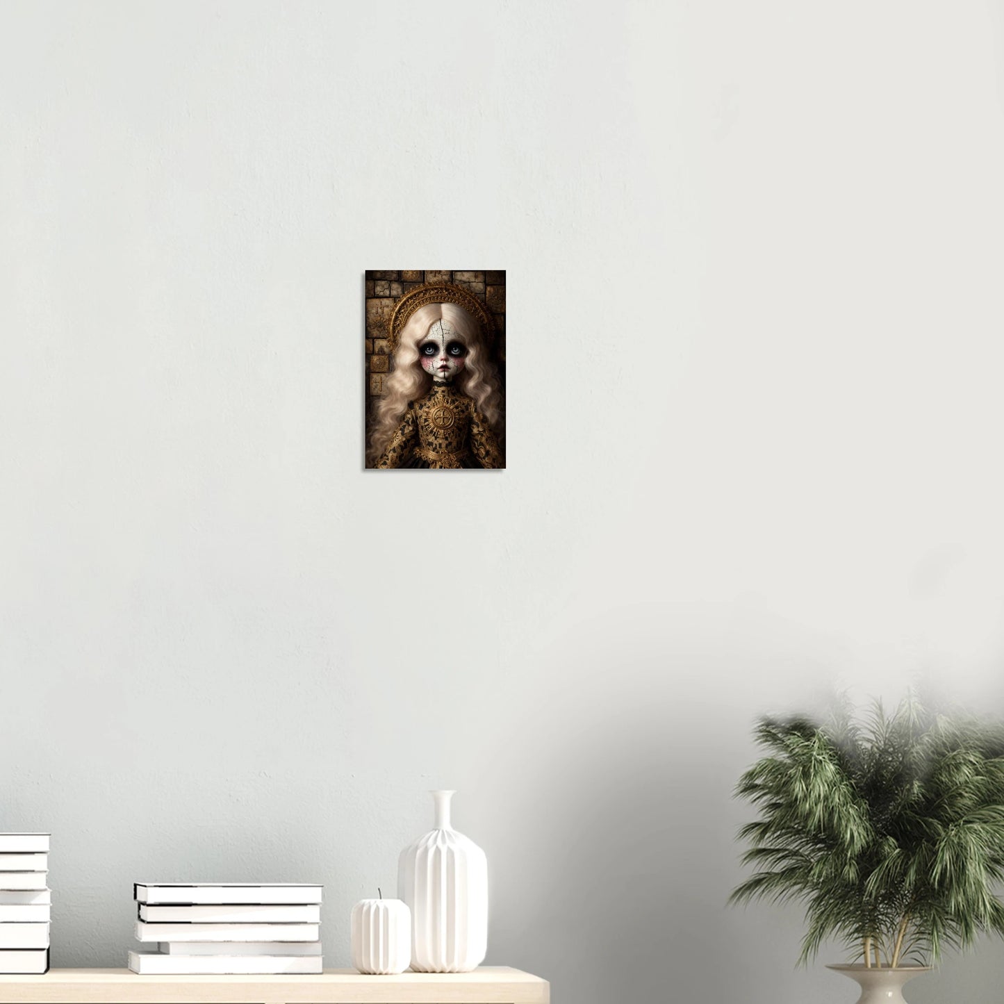 Hochwertiger Giclée-Kunstdruck zweier Vintage-Puppen mit großen Augen, blasser Haut und rostfarbenen Kleidern in melancholischer Atmosphäre.