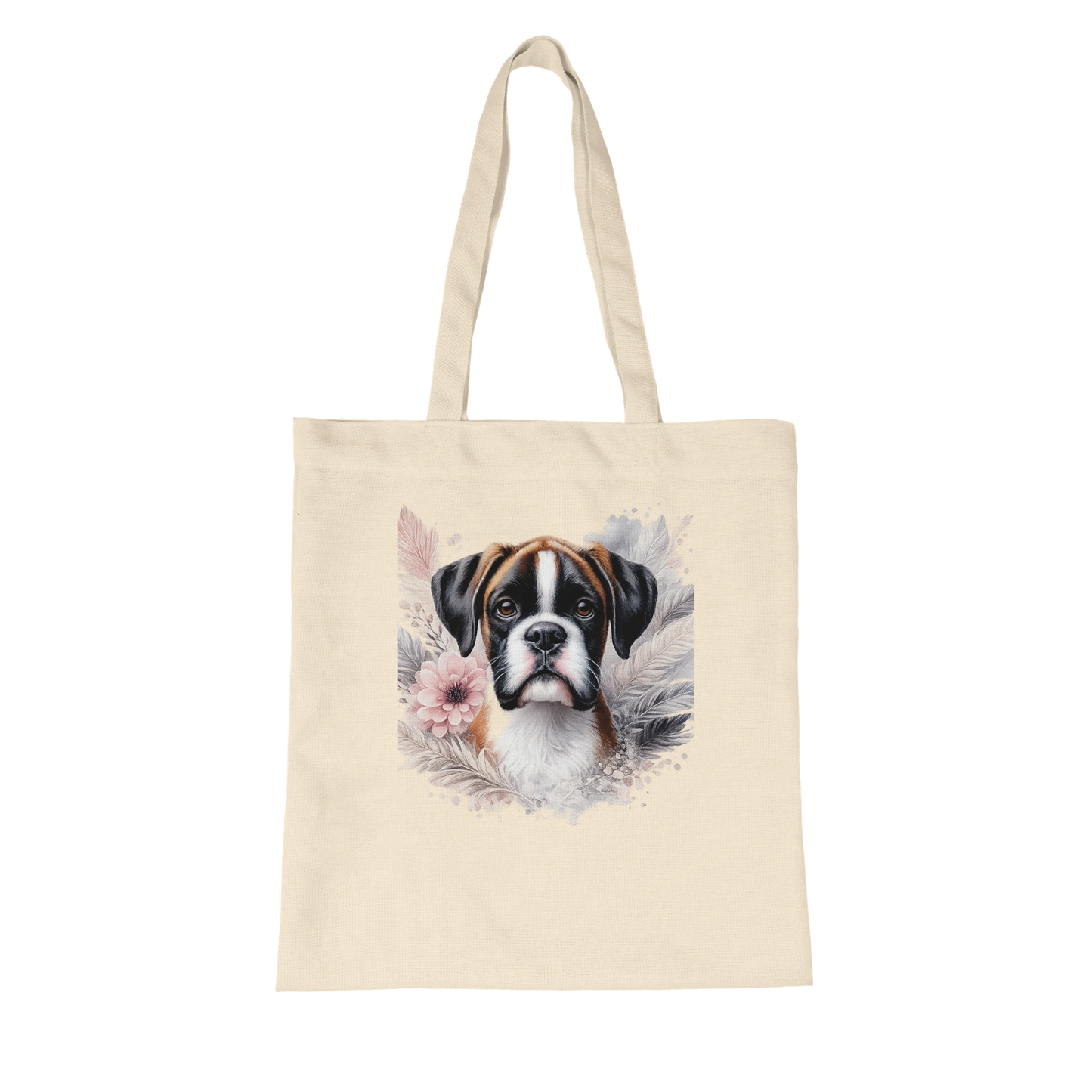 Naturfarbene Stofftasche aus Bio Baumwolle mit liebevoll illustriertem Hundemotiv, getragen als leichte Einkaufstasche für Alltag und Freizeit