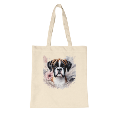 Naturfarbene Stofftasche aus Bio Baumwolle mit liebevoll illustriertem Hundemotiv, getragen als leichte Einkaufstasche für Alltag und Freizeit